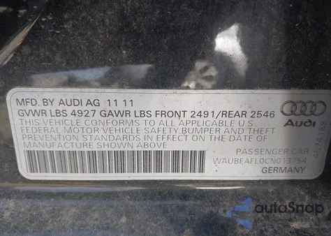 2012 Audi A4 2.0T Premium from USA, damaged, VIN WAUBFAFL0CN013754